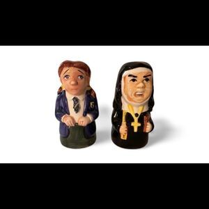 Nun & Schoolgirl Salt and Pepper Shakers-Ceramic- Plastic Plugs-Used on a TV